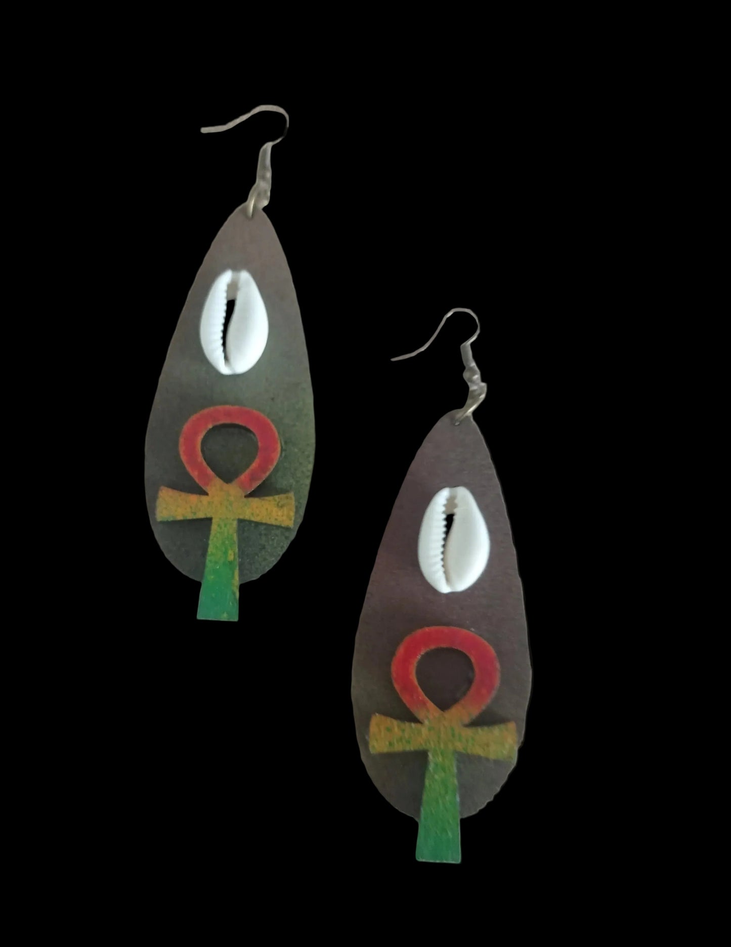 Ankh Cowrie Wooden Earrings