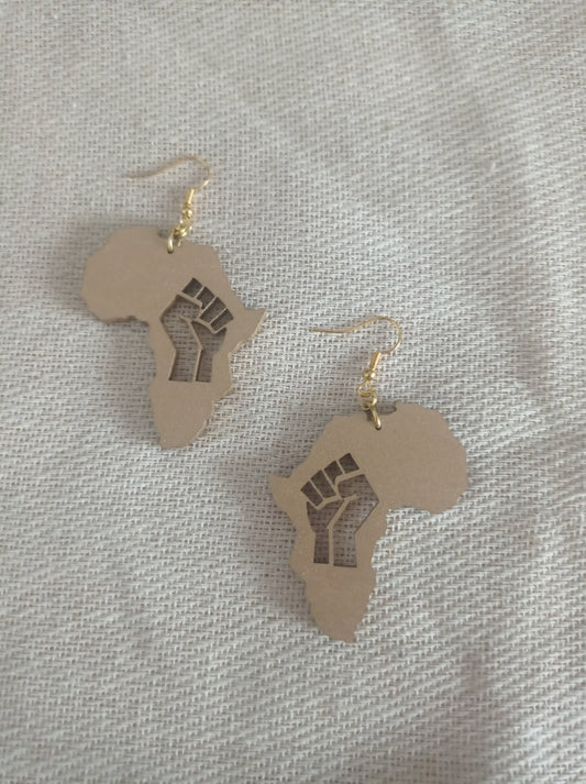 Gold Africa Black Power Fist Wooden Earrings